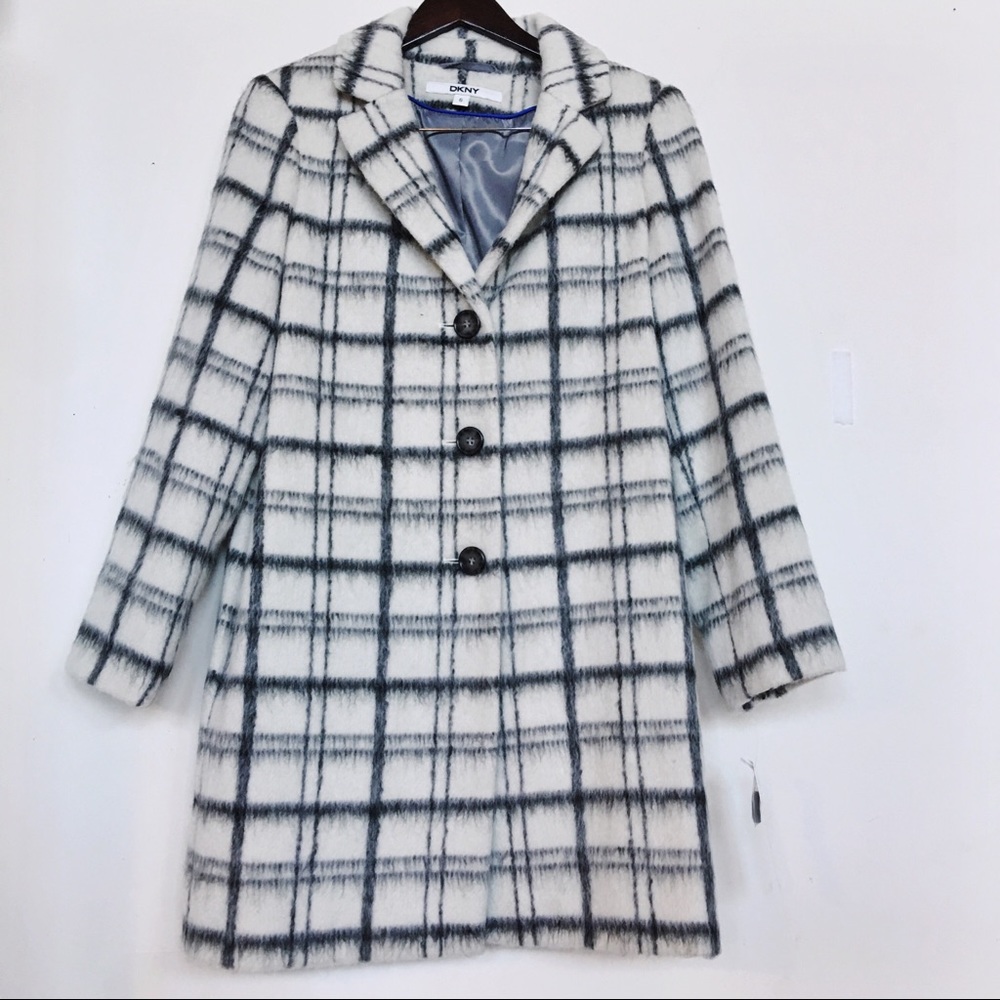 DKNY | Notch Collar Plaid Ivory&Beige Coat